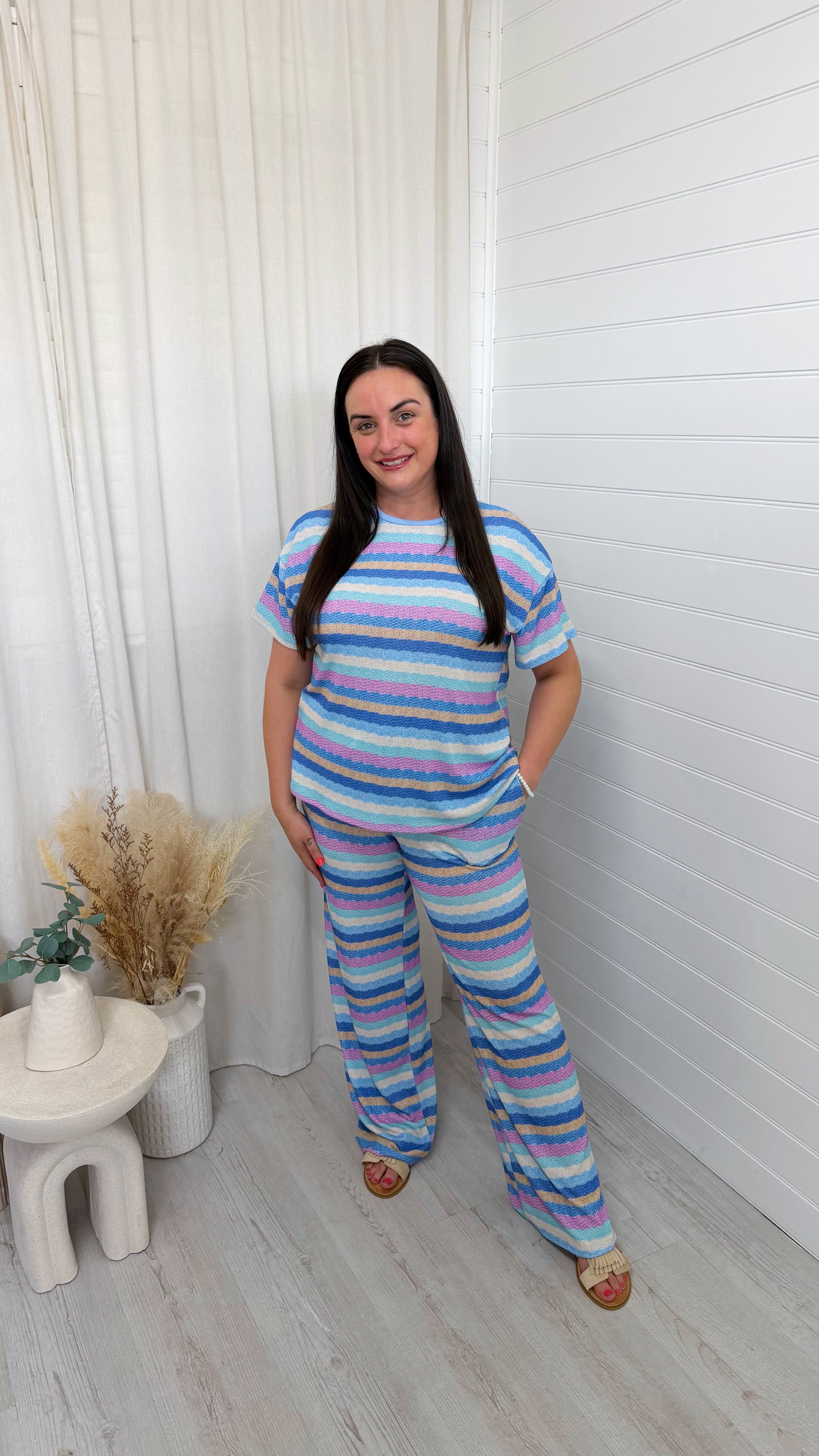 Lurex Pastel Stripe T-Shirt and Trousers Co-Ord - BLUE