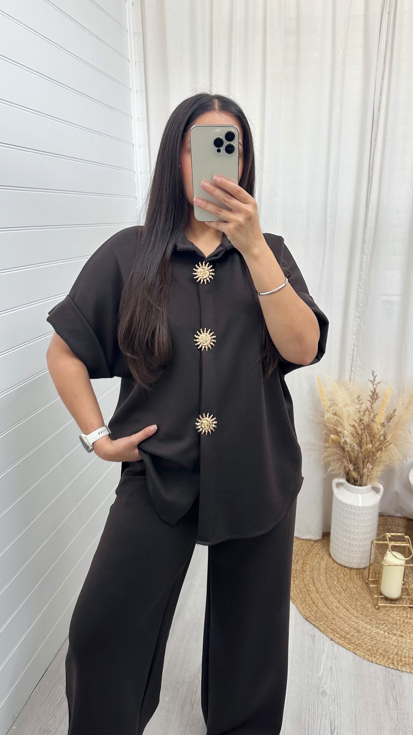 Celestial Gold Button Shirt and Straight Leg Trousers Co-Ord - BROWN