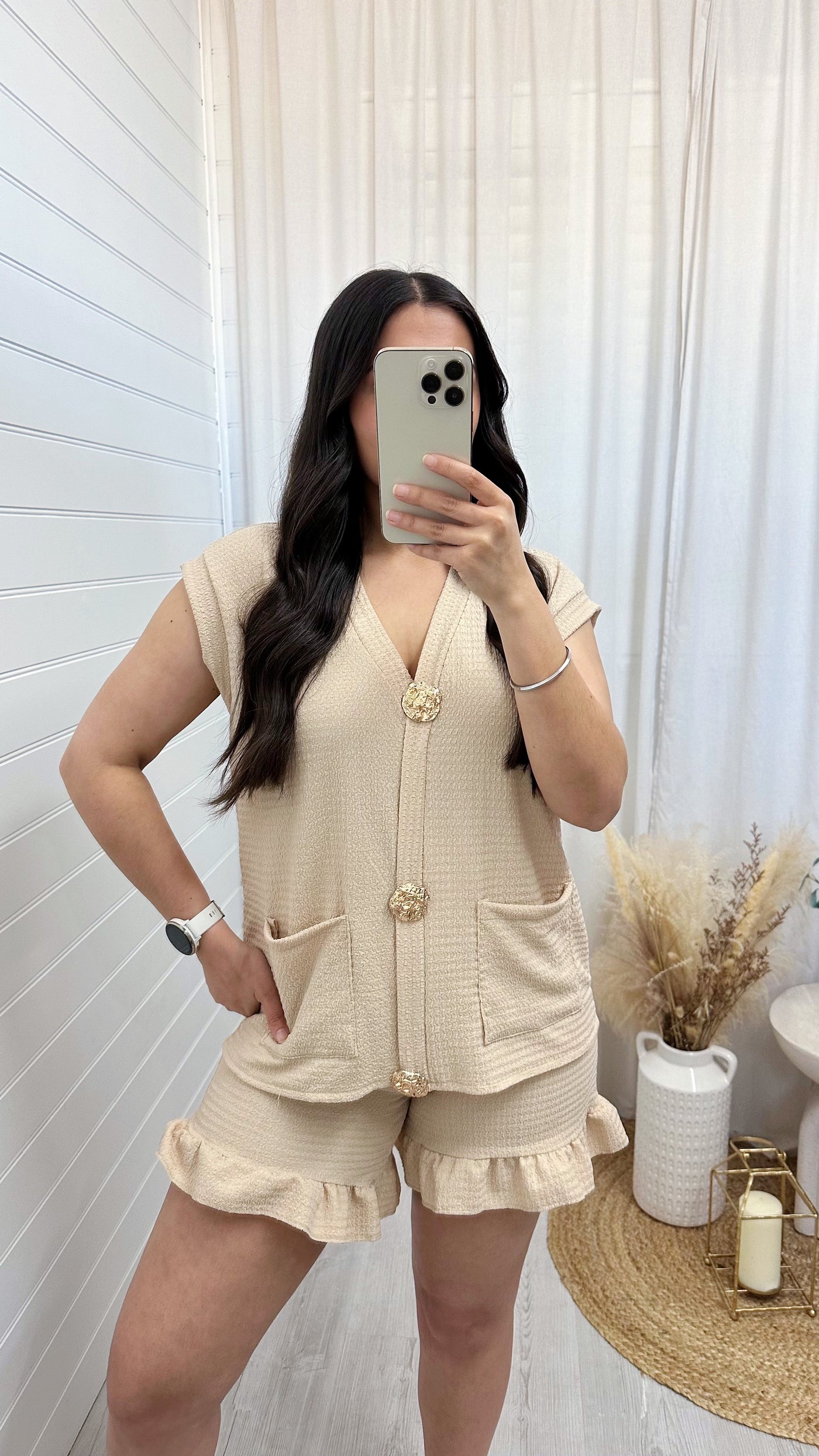 Gold Button Cheesecloth Waistcoat and Shorts Co-Ord - LIGHT BEIGE