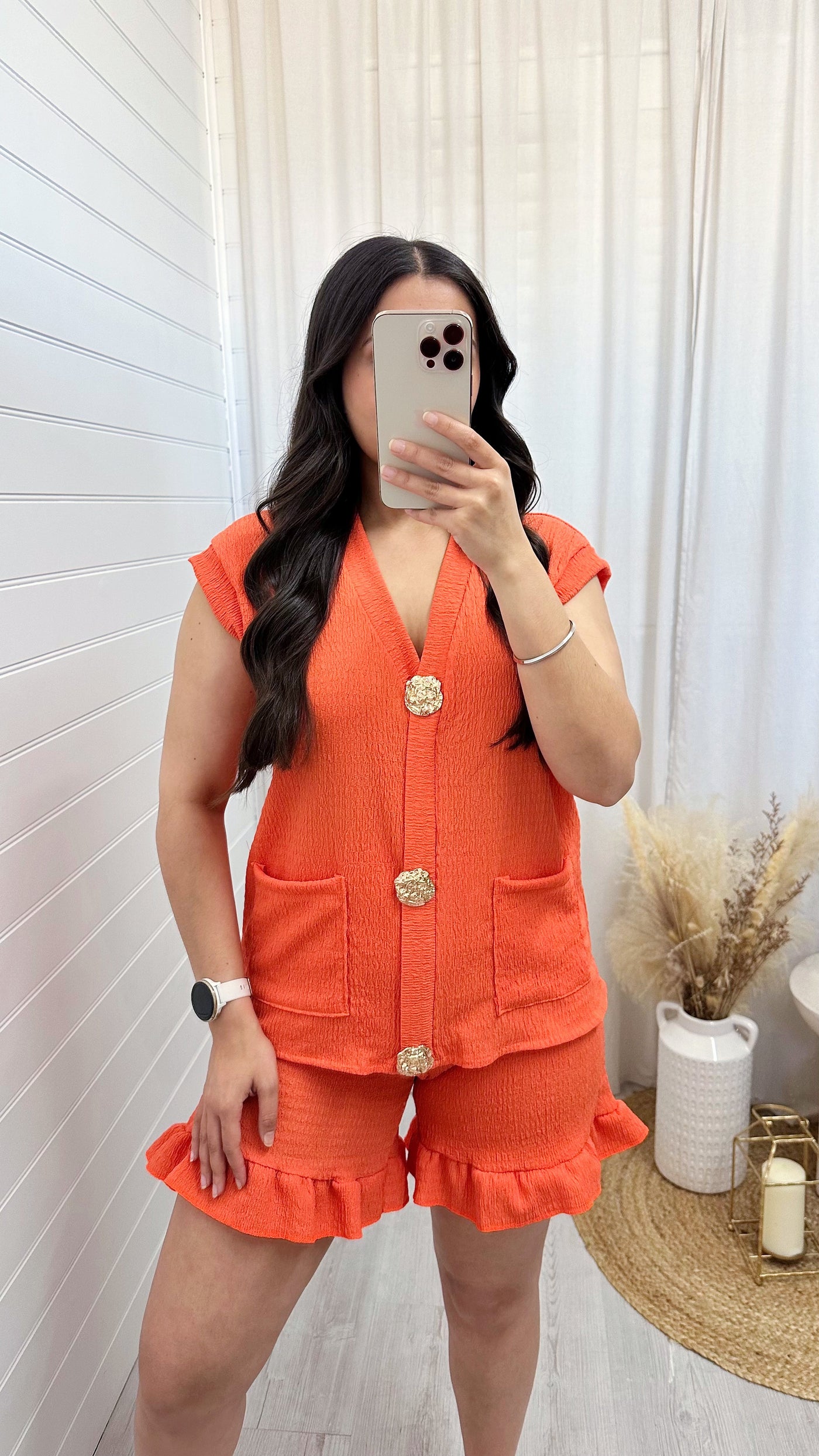 Gold Button Cheesecloth Waistcoat and Shorts Co-Ord - ORANGE