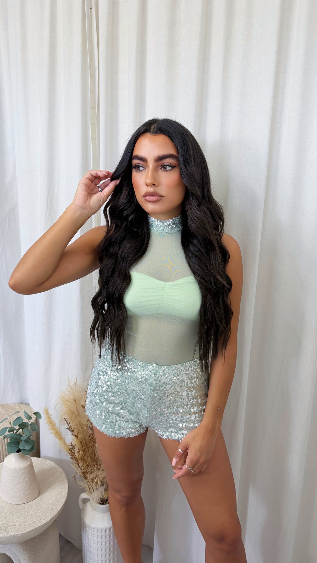 3 Piece Sequin Mesh Bodysuit, Bralette and Shorts Co-Ord - MINT