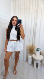 Puff Ball Halter Neck Top and Shorts Co-Ord - WHITE