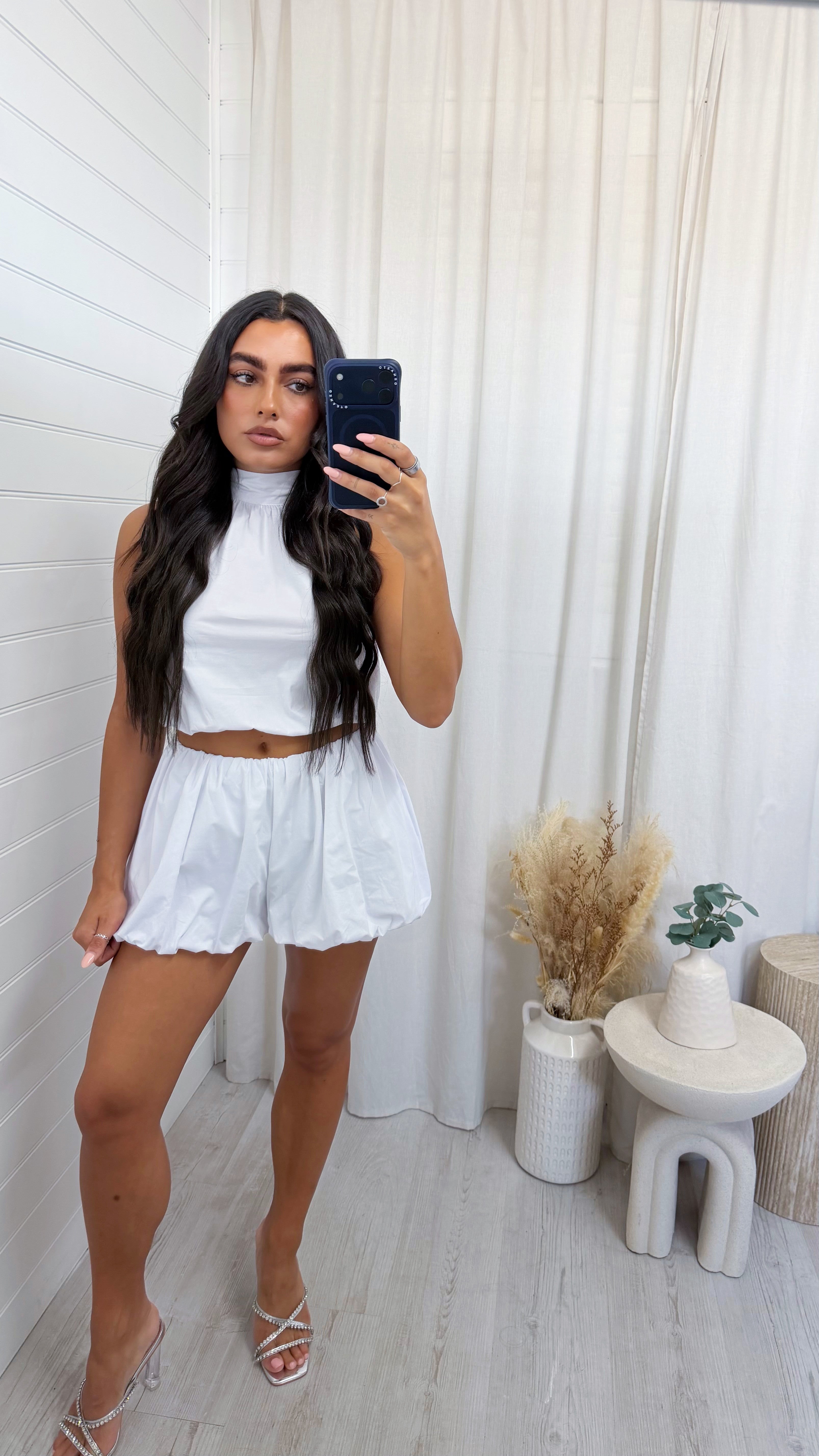 Puff Ball Halter Neck Top and Shorts Co-Ord - WHITE