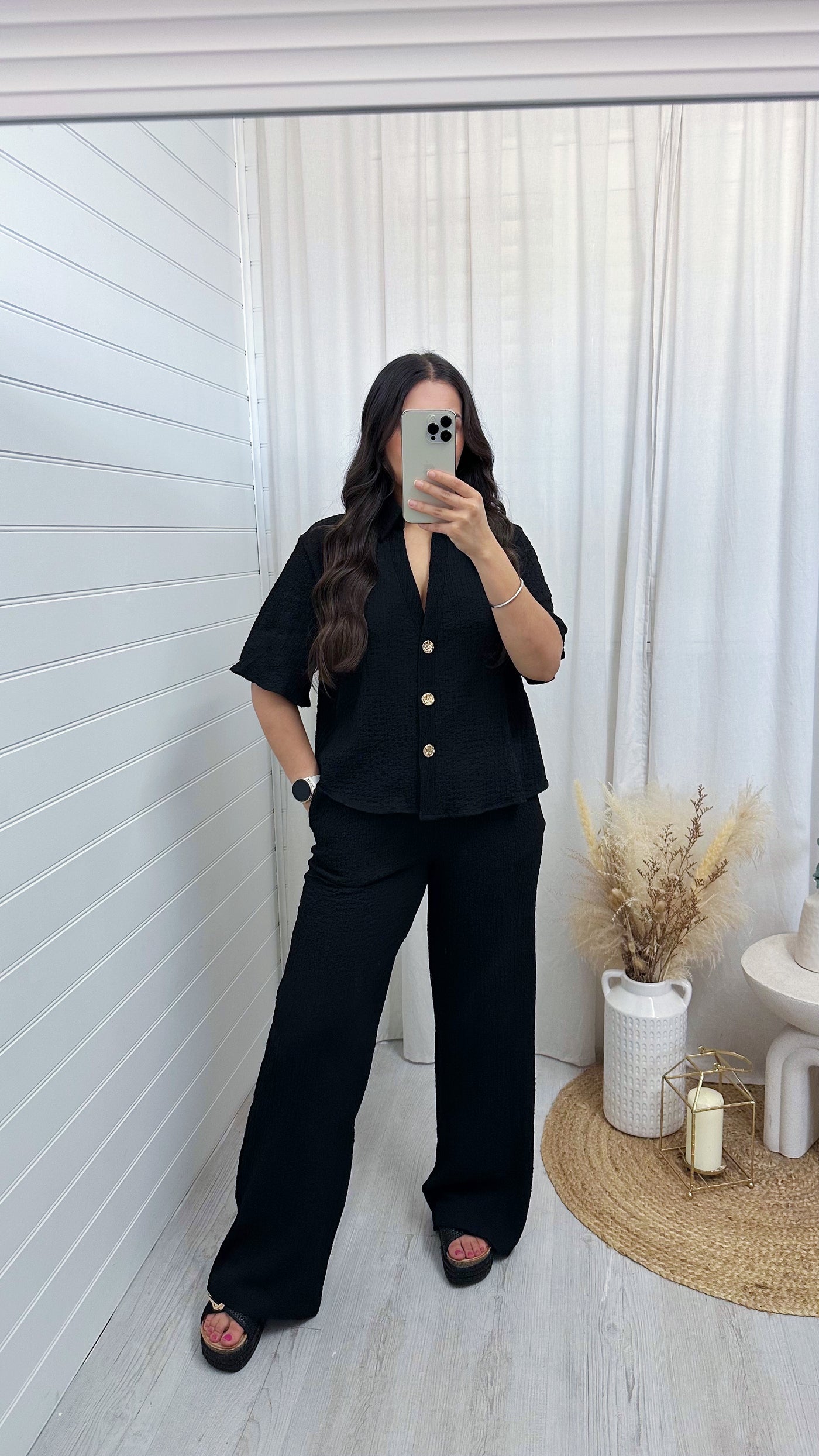 Cheesecloth Gold Button Shirt and Trousers Co-Ord - BLACK