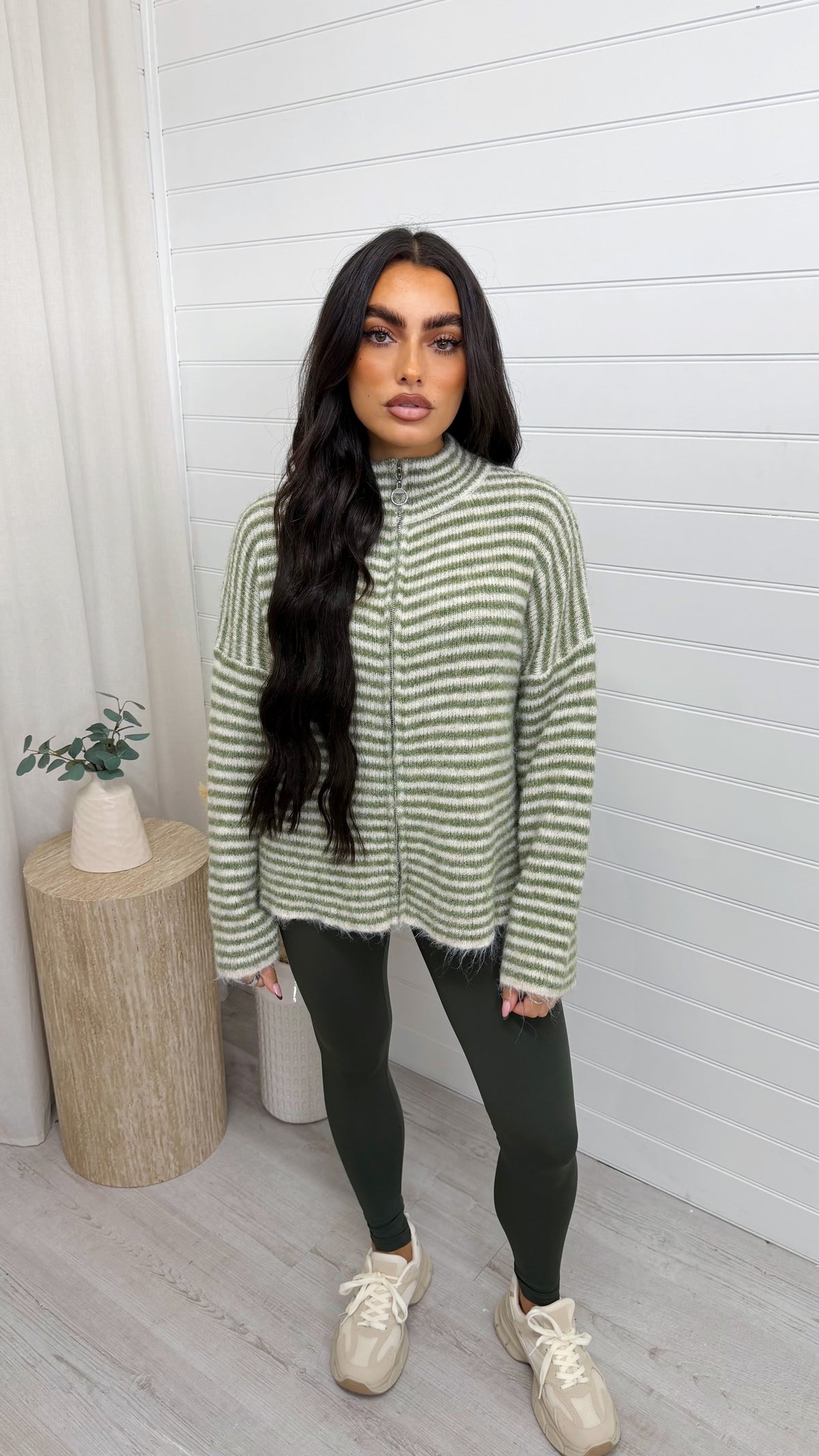 Stripe Zip Woollen Jacket  - KHAKI