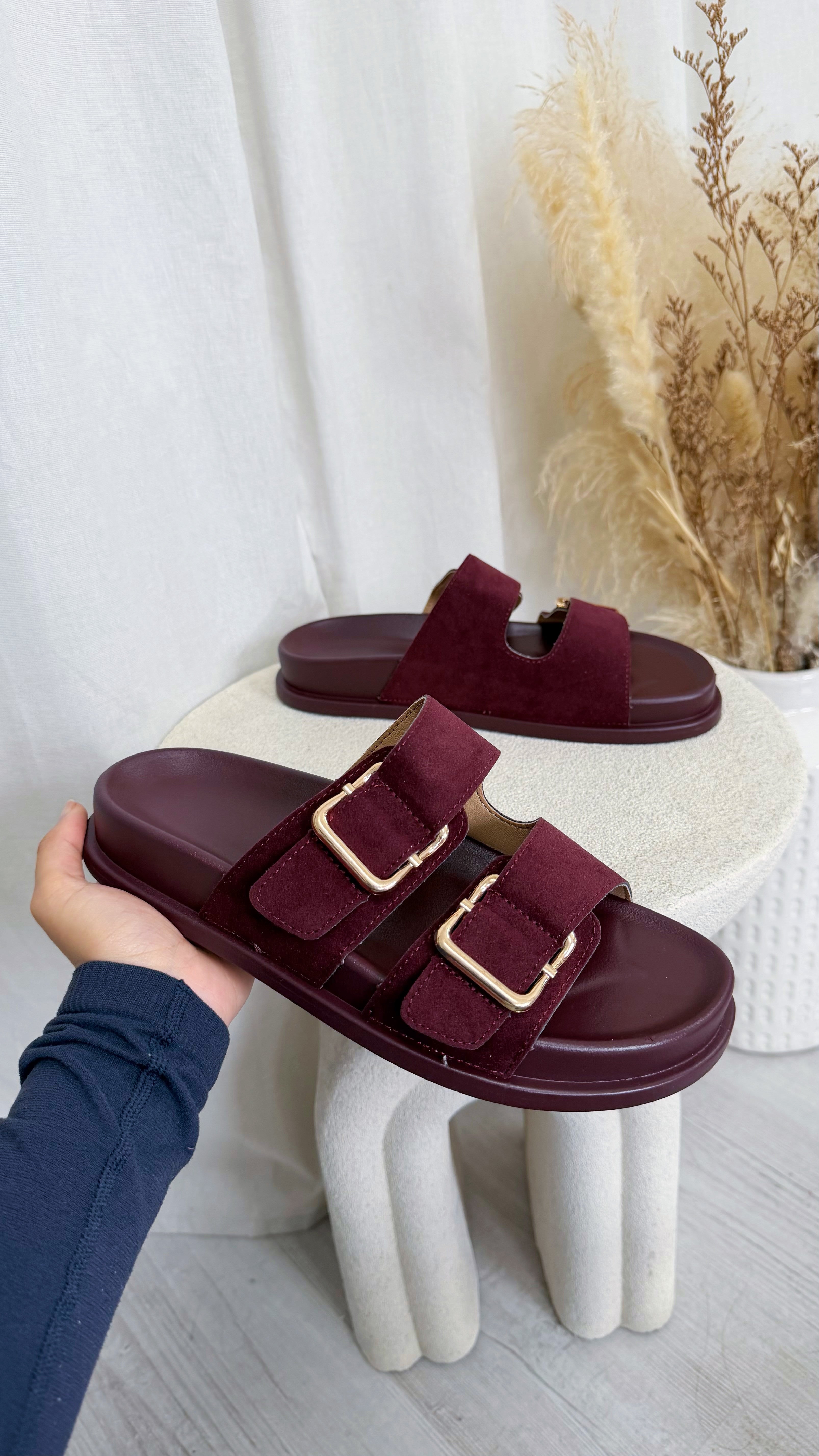 Gold Buckle Double Strap Suede Sliders - BURGUNDY
