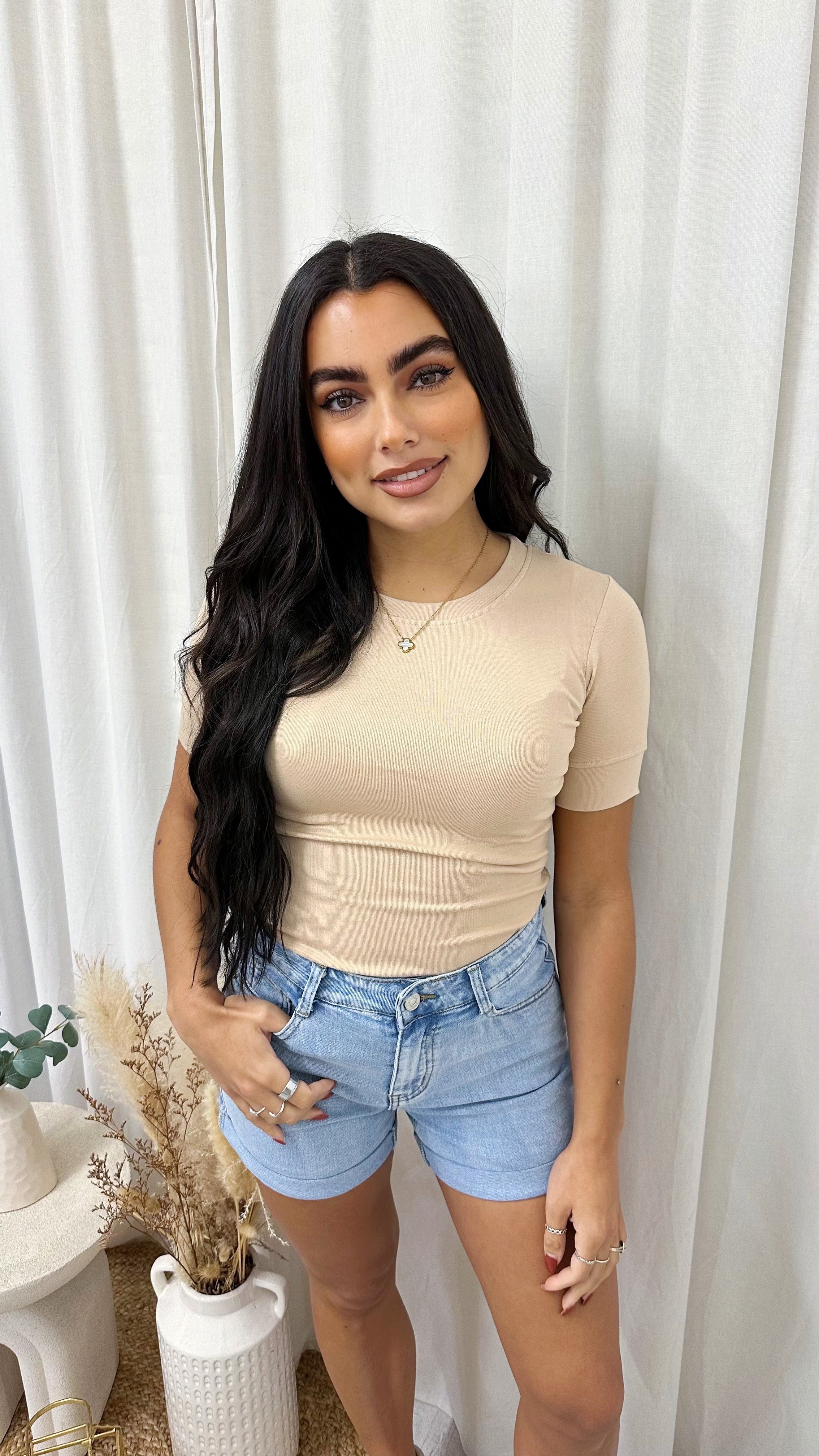 Basic Soft Ribbed Shirt Sleeve T-Shirt - BEIGE