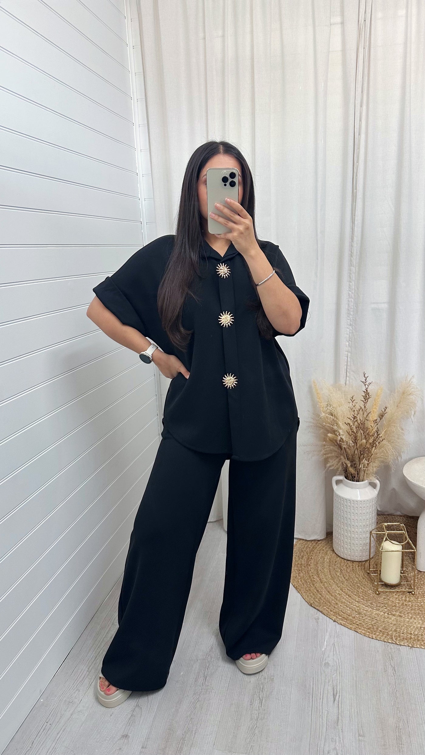 Celestial Gold Button Shirt and Straight Leg Trousers Co-Ord - BLACK