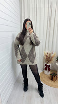Argyle Woollen Jumper Dress - MOCHA/BEIGE