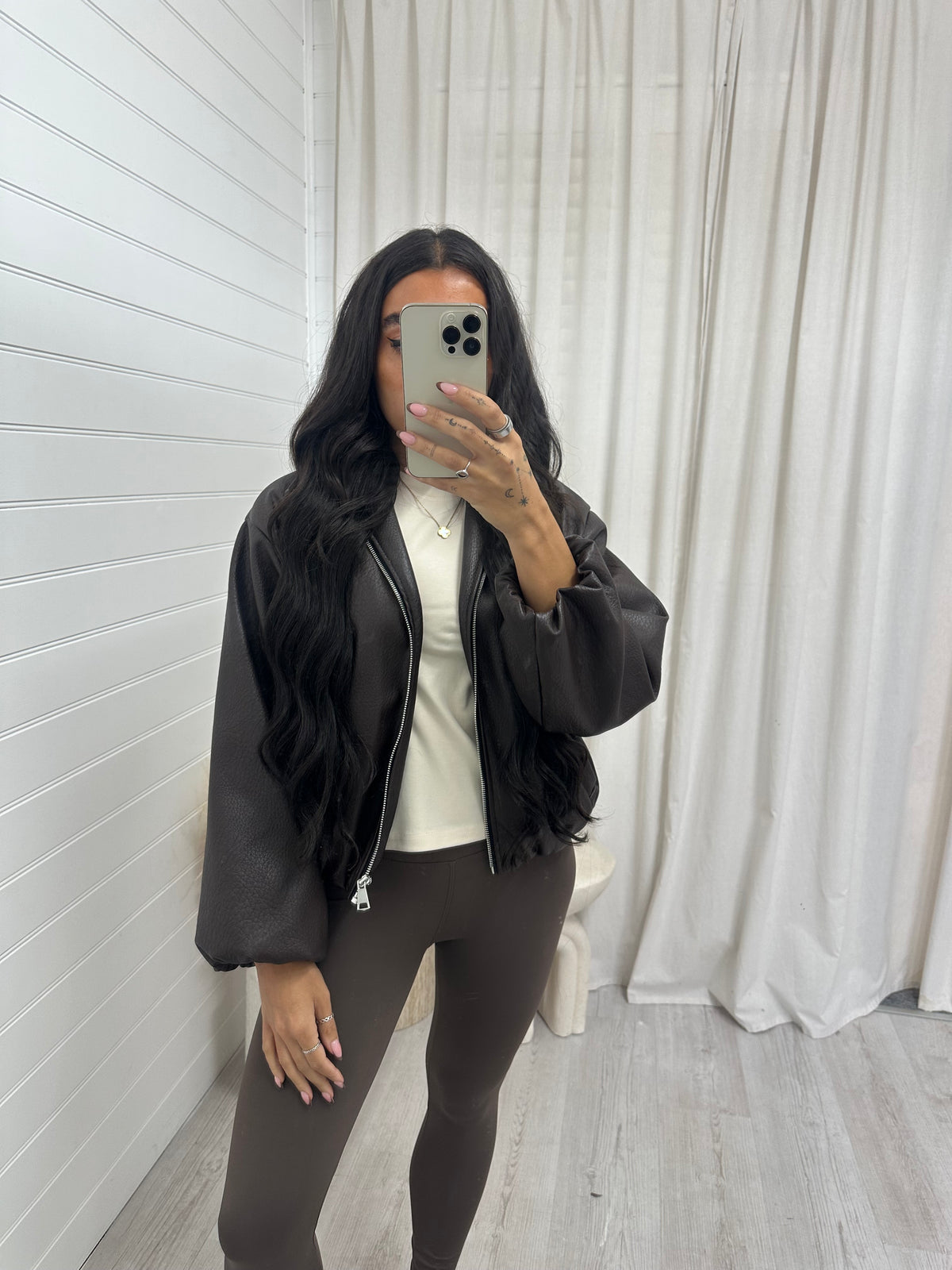 Faux Leather Bomber Jacket - BROWN