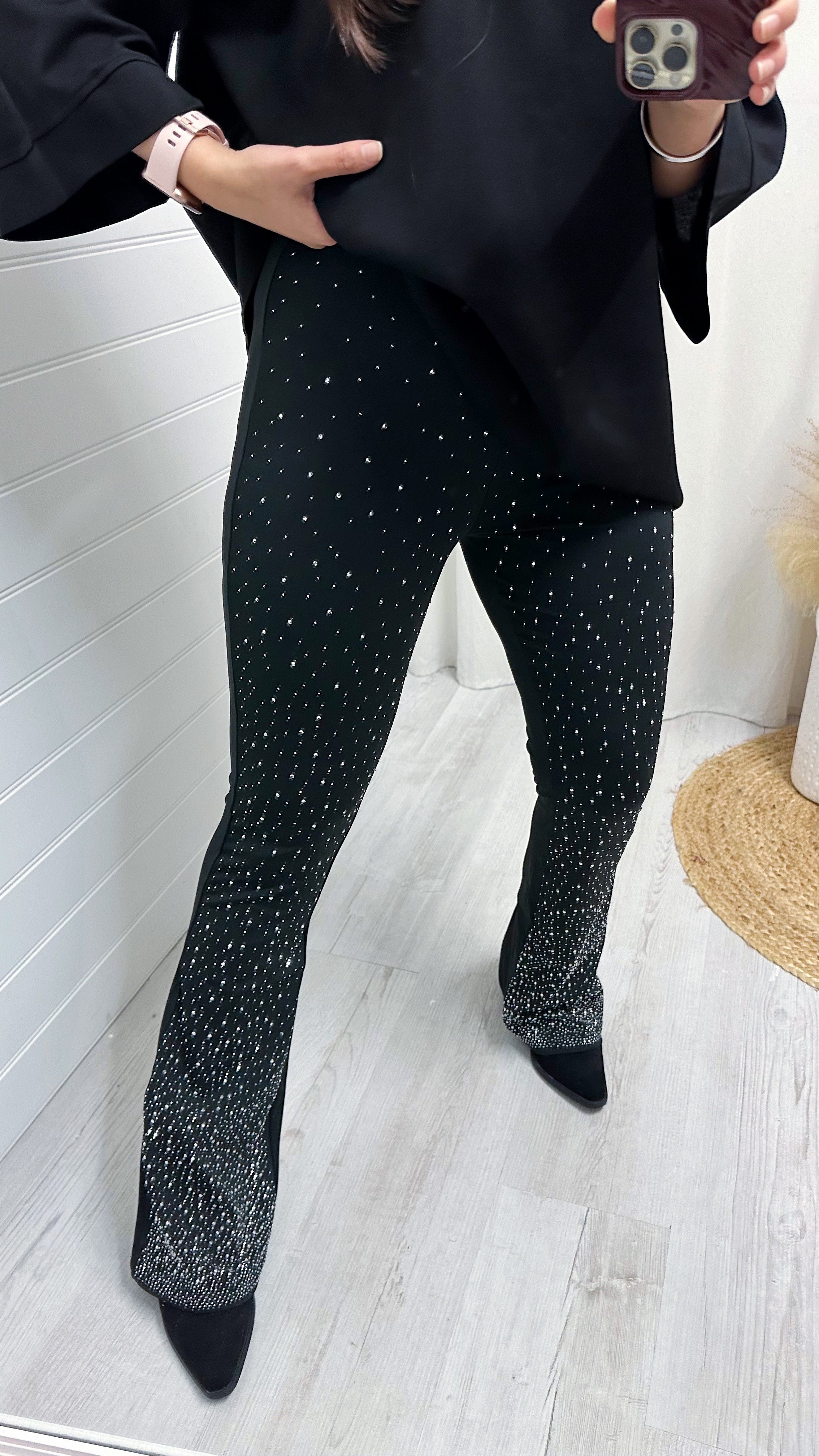 Stretchy Ombre Rhinestone Flares - BLACK