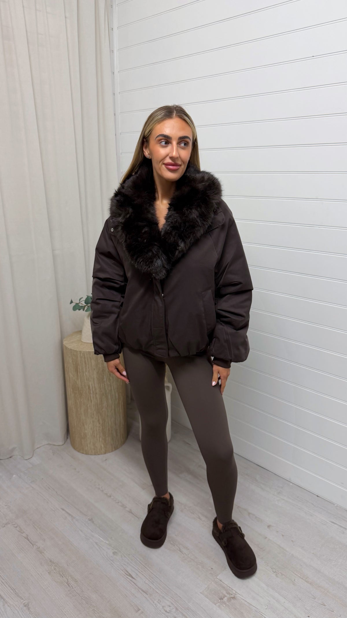 Faux Fur Collar Coat - BROWN