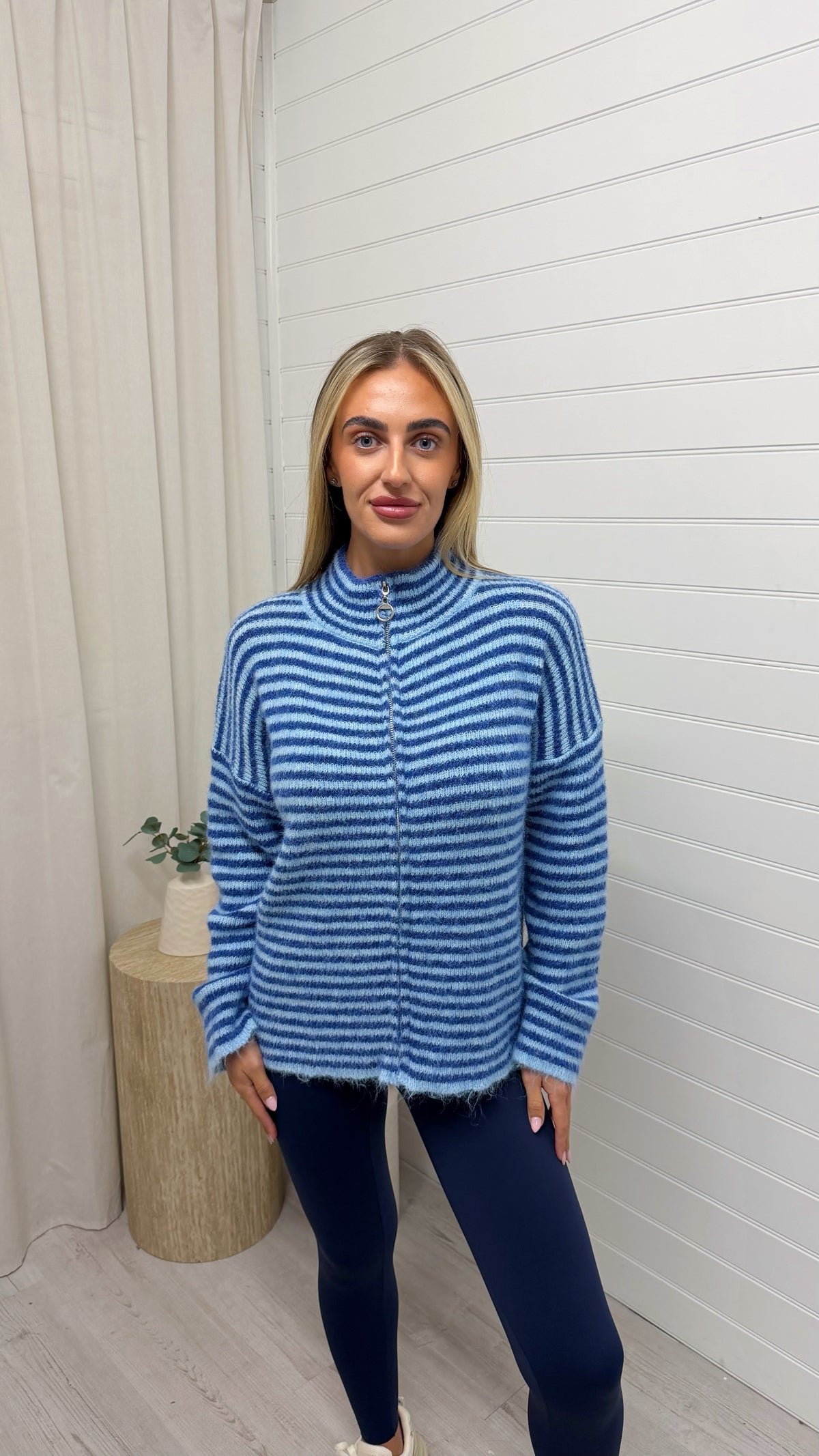 Stripe Zip Woollen Jacket  - BLUE