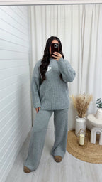 Chunky Ribbed Knit Logo Top and Trouser Co-Ord - GREY