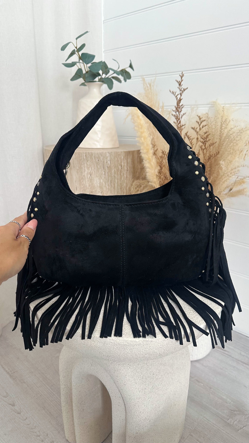 Suede Fringe Bag - BLACK