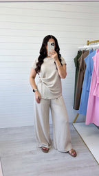 Gold Clasp Ruched Top and Wide Leg Trousers Co-Ord - BEIGE