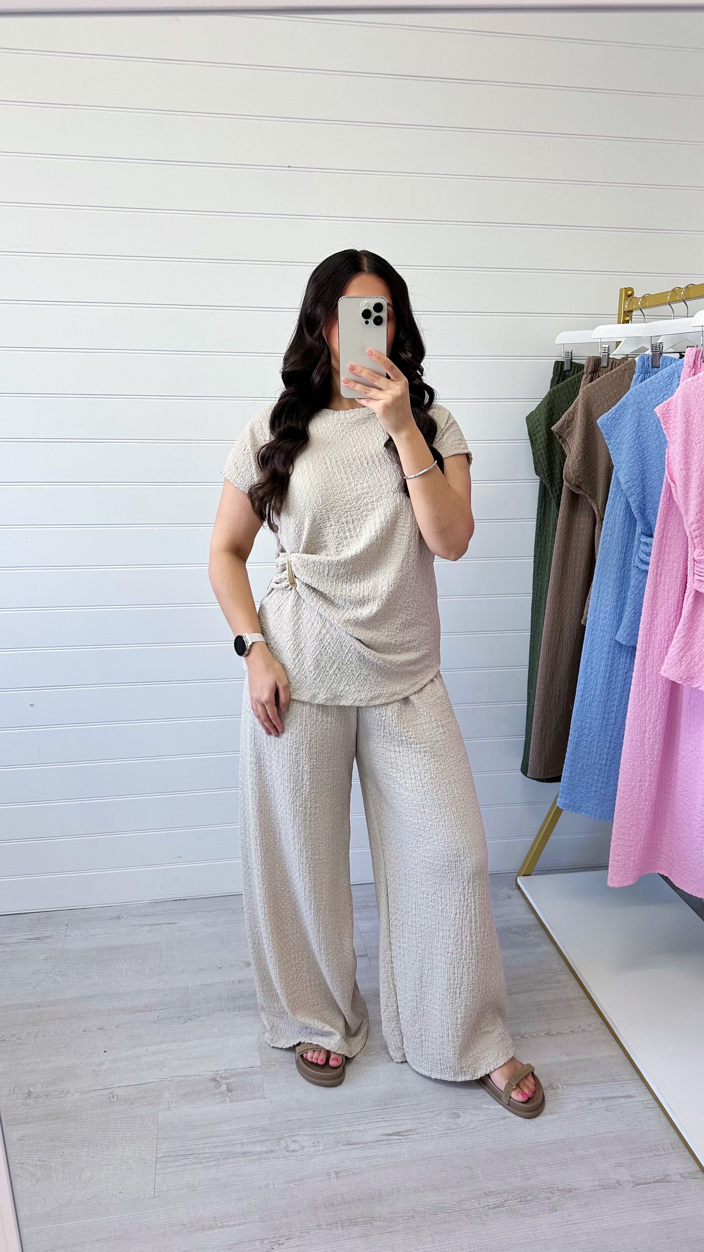 Gold Clasp Ruched Top and Wide Leg Trousers Co-Ord - BEIGE