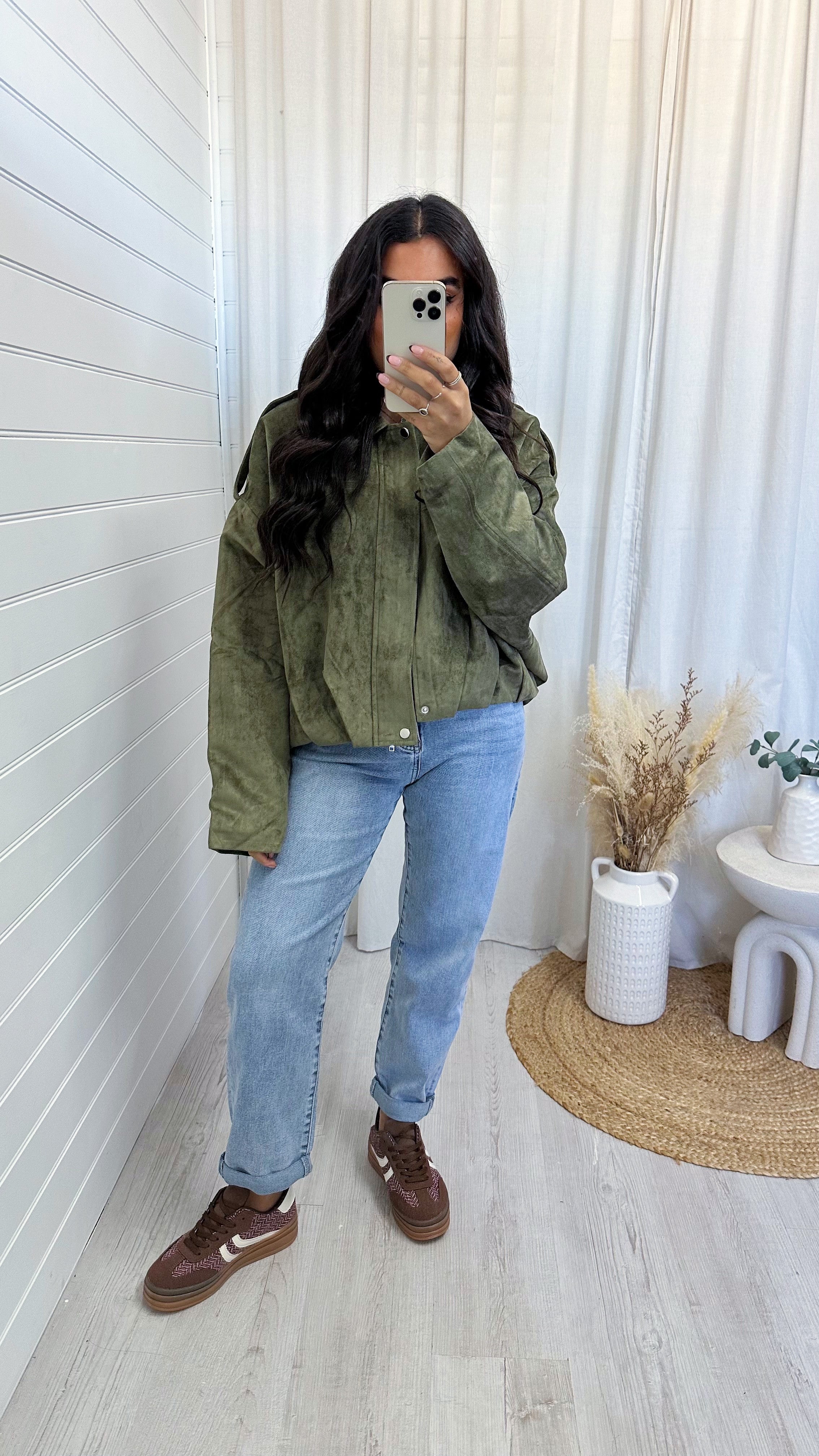 Suede Baggy Sleeve Lapel Bomber Jacket - KHAKI