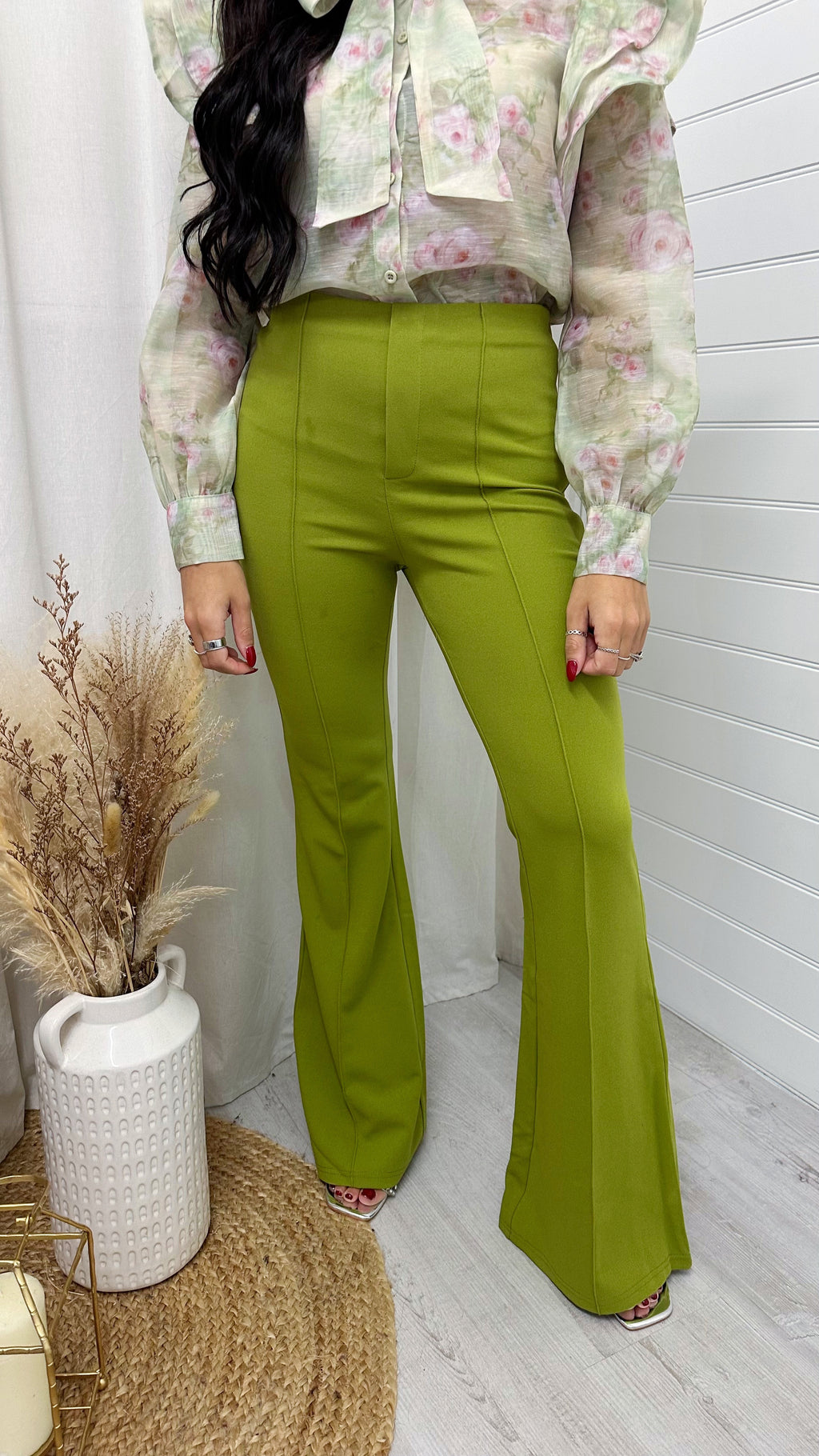 Seam Front Flared Slim Fit Trousers - OLIVE