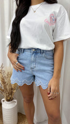 Broderie Anglaise Hem Denim Shorts - BLUE