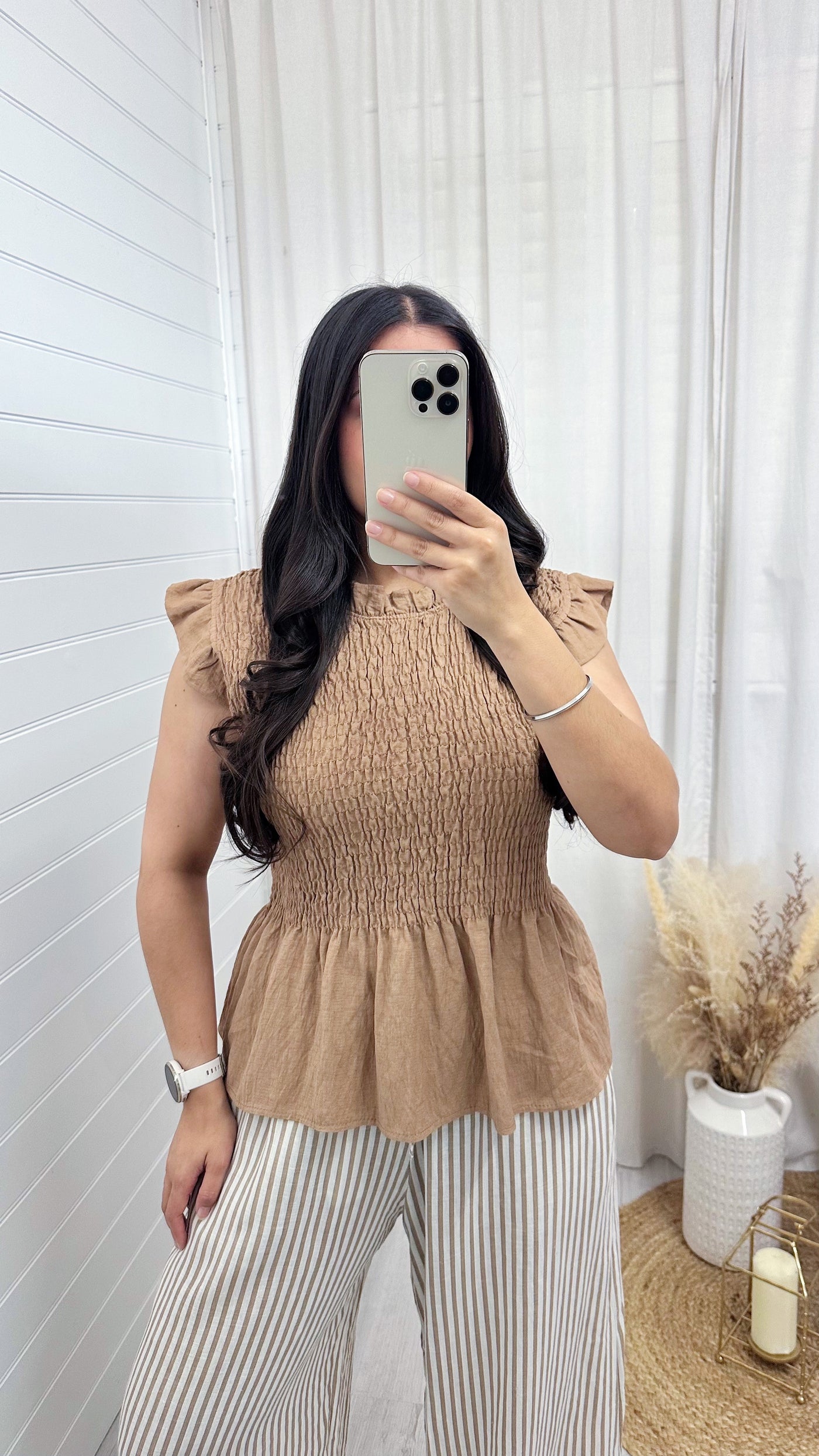Shirred Peplum Vest Top - TAN