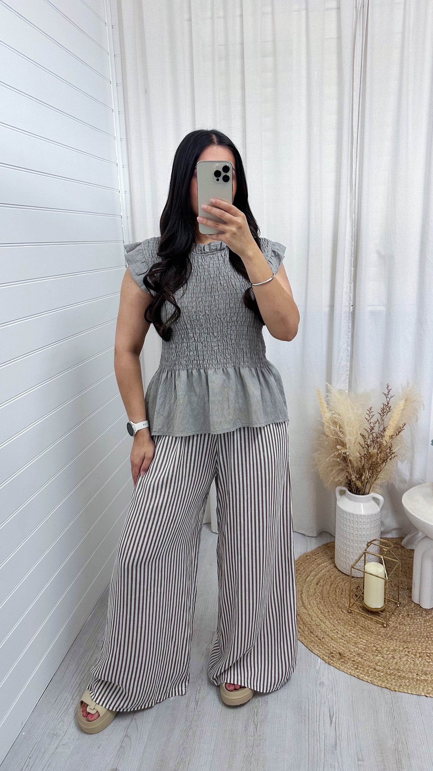 Pinstripe Linen Wide Leg Trousers - MOCHA