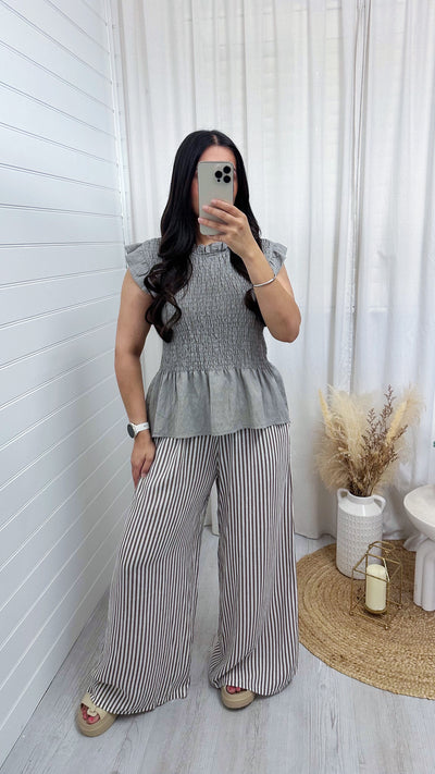Pinstripe Linen Wide Leg Trousers - MOCHA