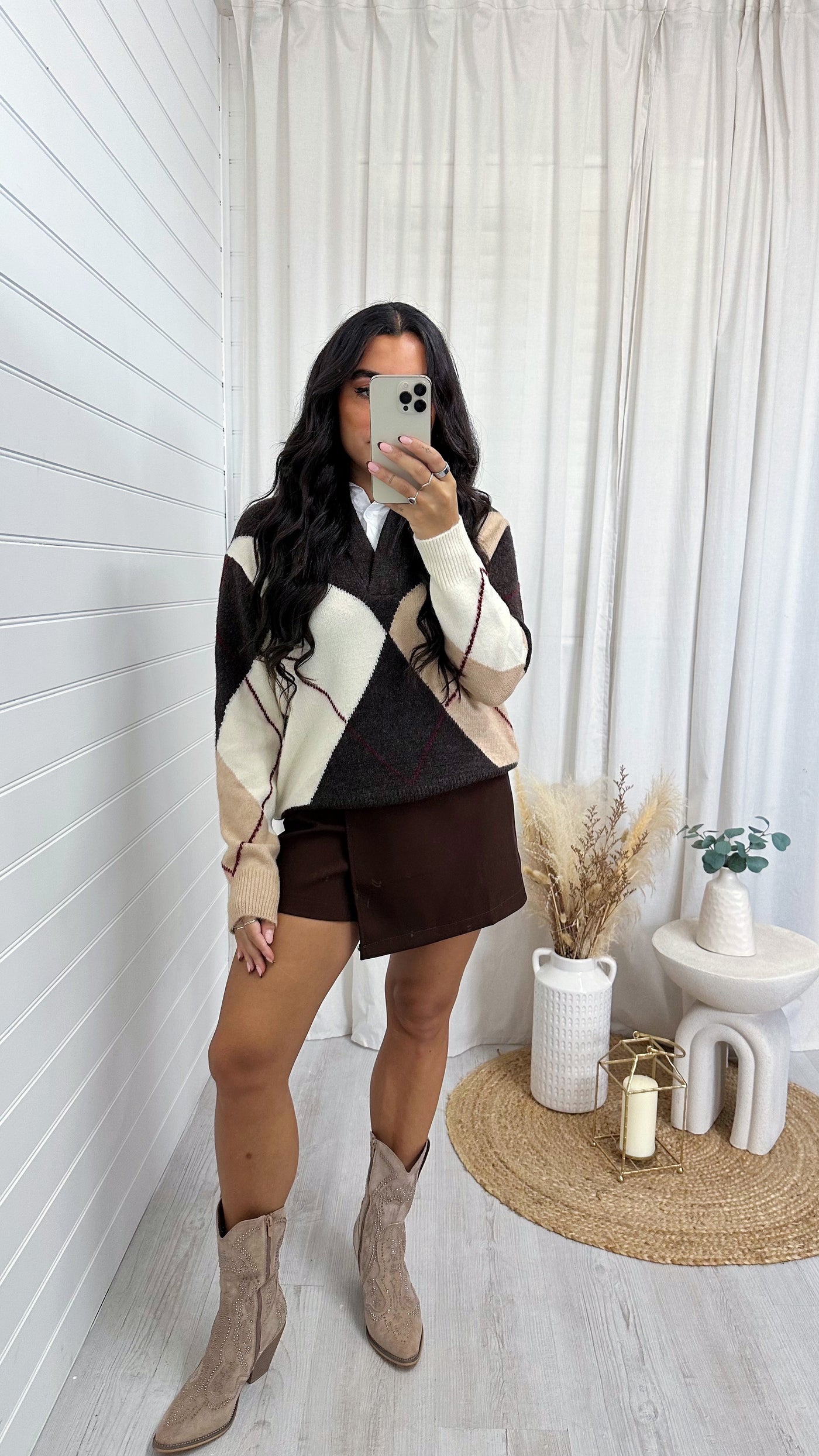 Argyle Knitted Insert Jumper - BROWN