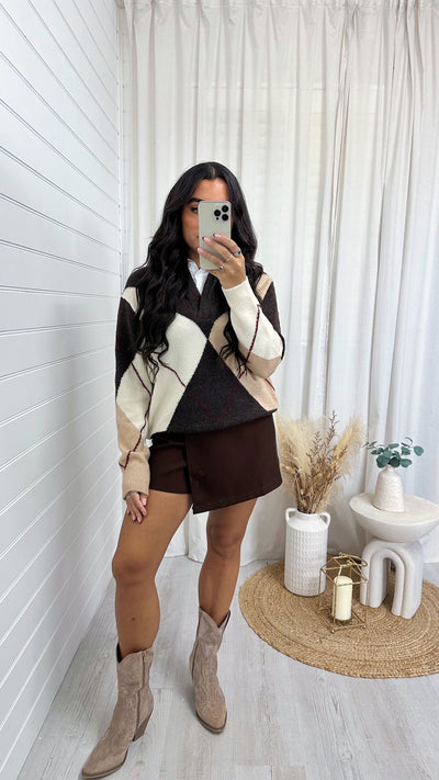 Argyle Knitted Insert Jumper - BROWN