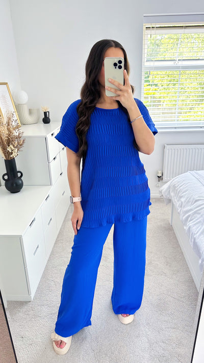 Crinkle Pleated Top and Wide Leg Trousers Co-Ord - ROYAL BLUE