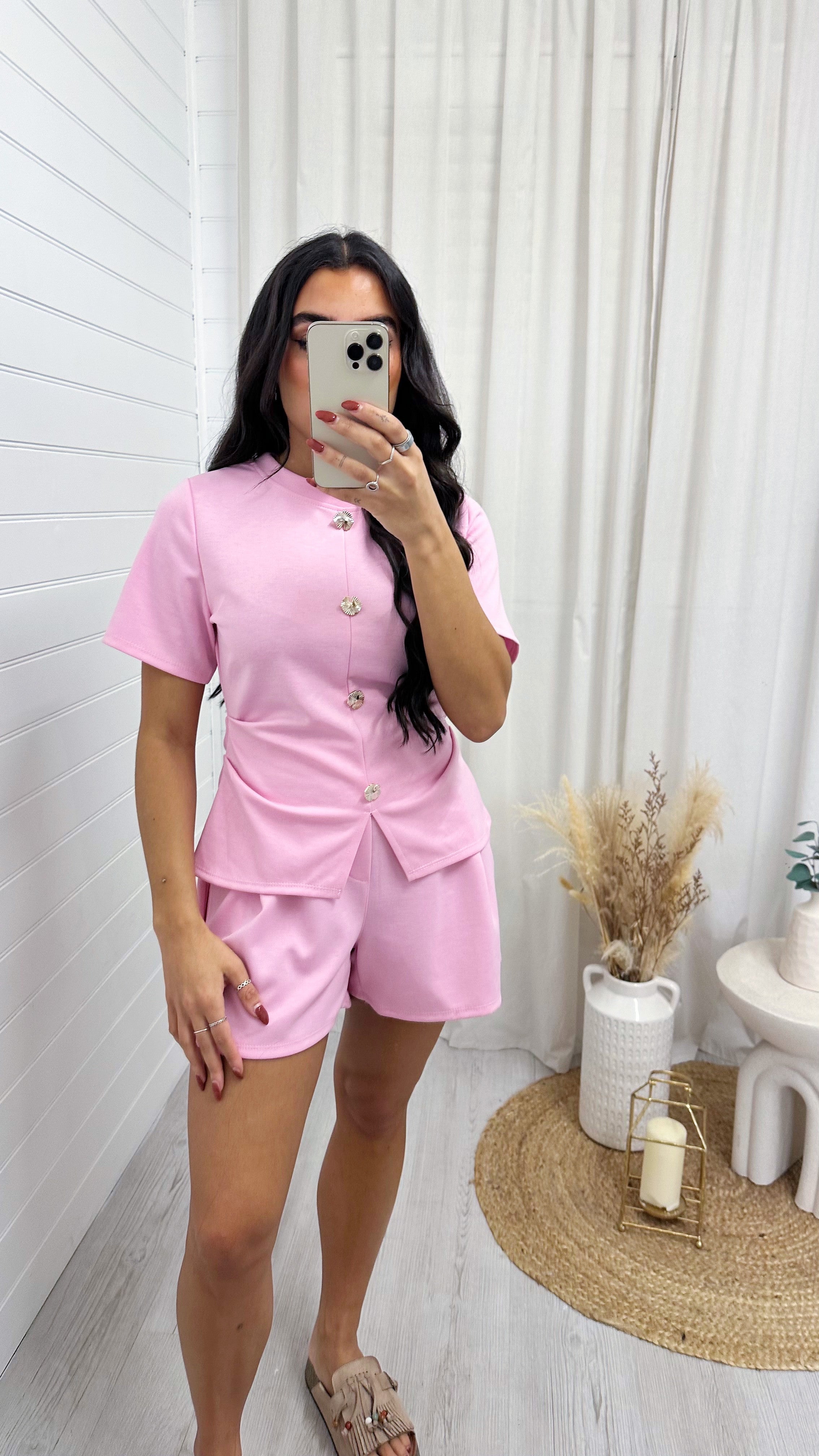Cinched Gold Button Top and Shorts Co-Ord - PINK
