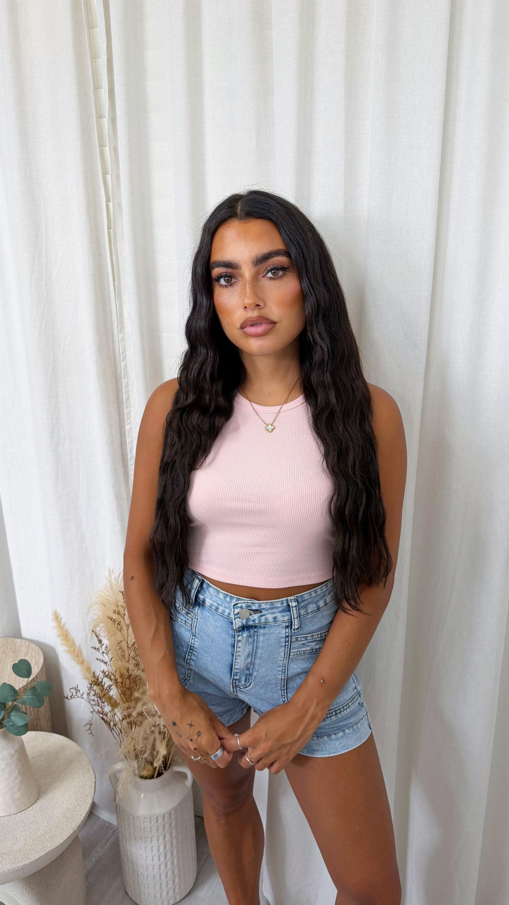 Ribbed Crop Vest Top - BABY PINK