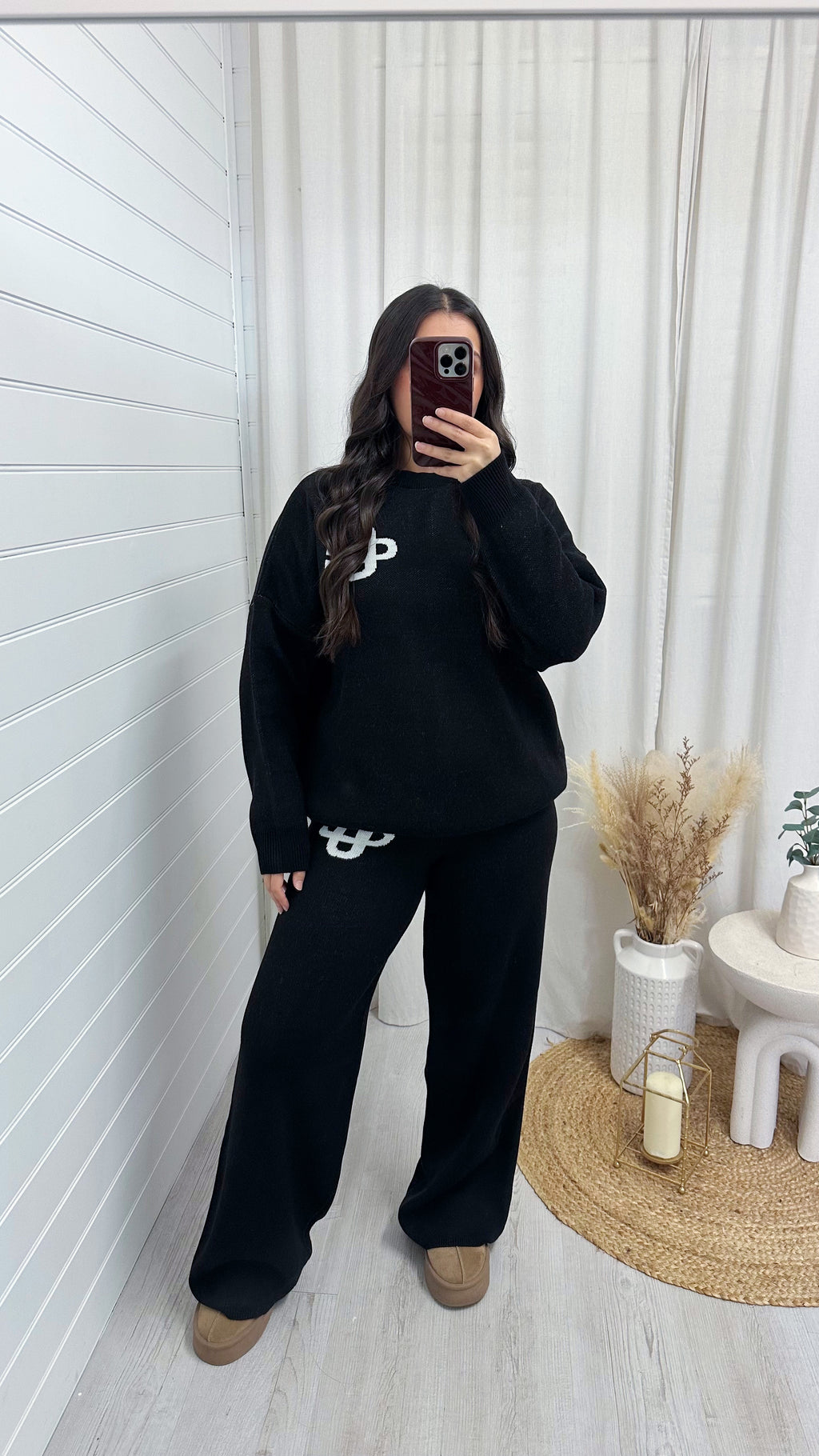 Knitted Logo Sweatshirt and Wide Leg Trousers Co-Ord - BLACK