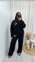 Knitted Logo Sweatshirt and Wide Leg Trousers Co-Ord - BLACK
