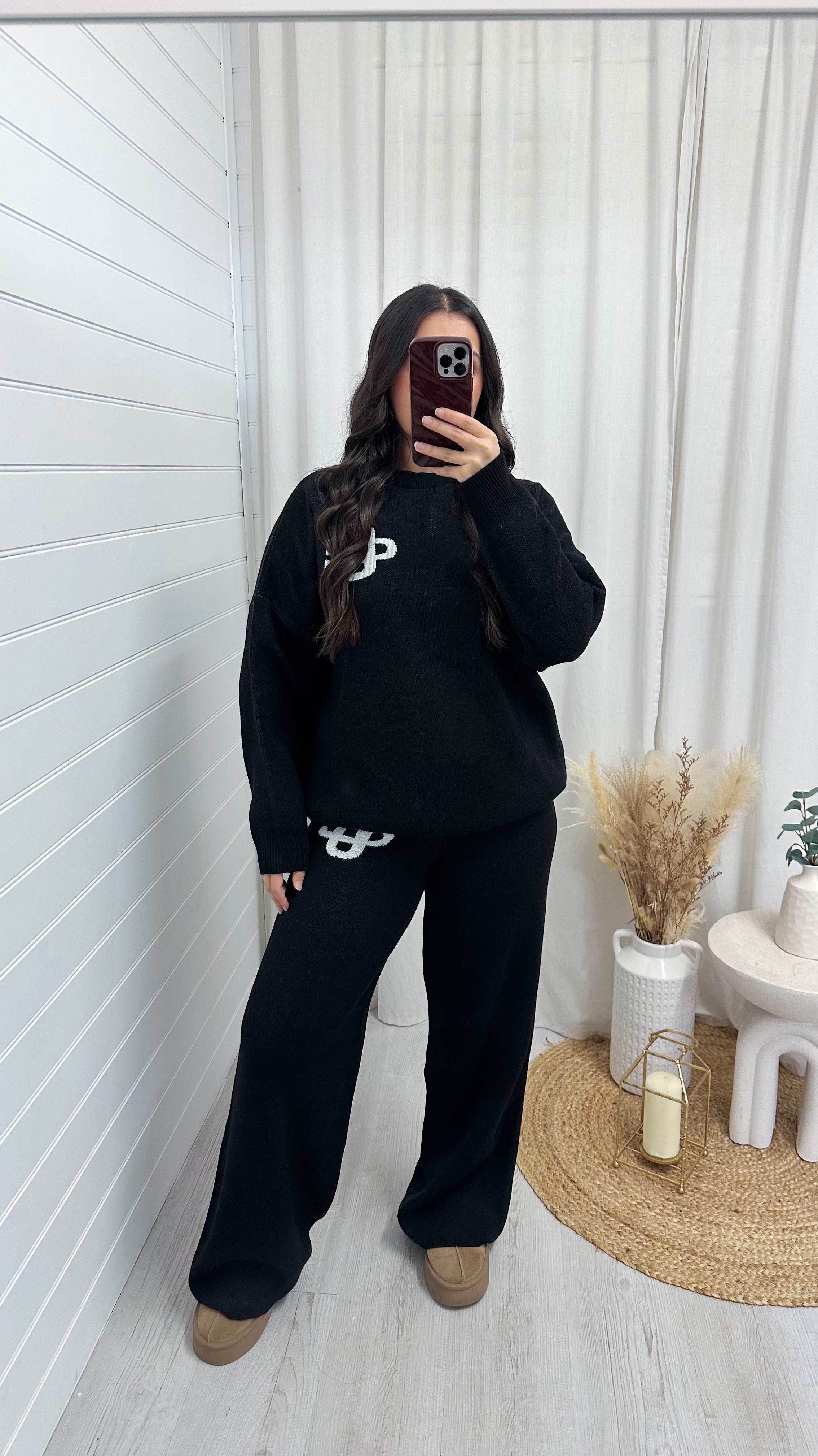 Knitted Logo Sweatshirt and Wide Leg Trousers Co-Ord - BLACK