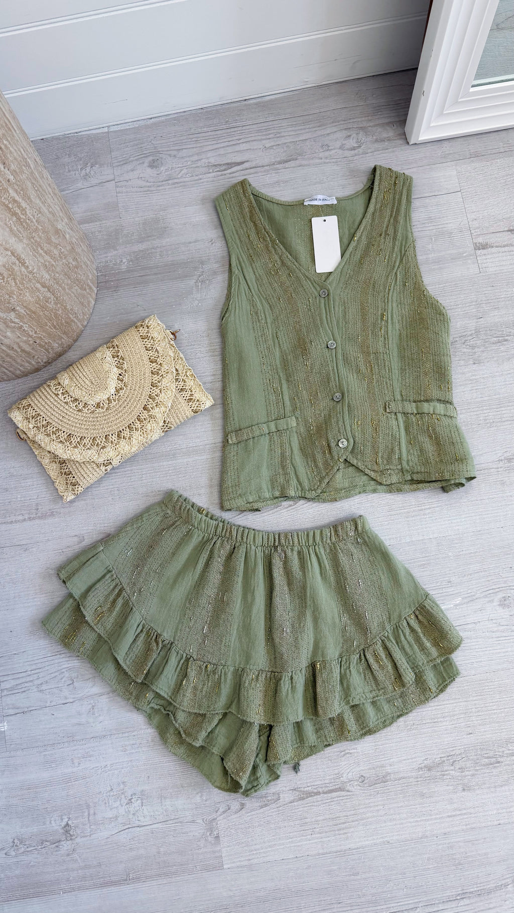 Gold Thread Linen Waistcoat and Frill Skort Co-Ord - KHAKI