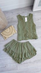 Gold Thread Linen Waistcoat and Frill Skort Co-Ord - KHAKI
