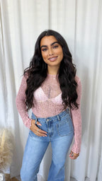 Rhinestone Lace Long Sleeve Top - PINK