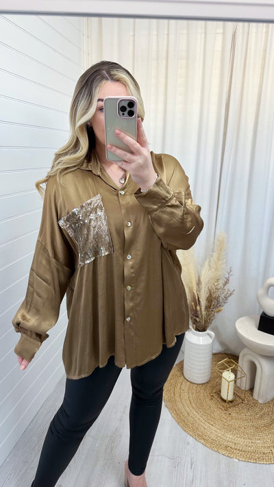 Satin Sequin Pocket Shirt -  BRONZE