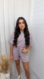 Oversized Stripe T-Shirt and Shorts Co-Ord - GREY
