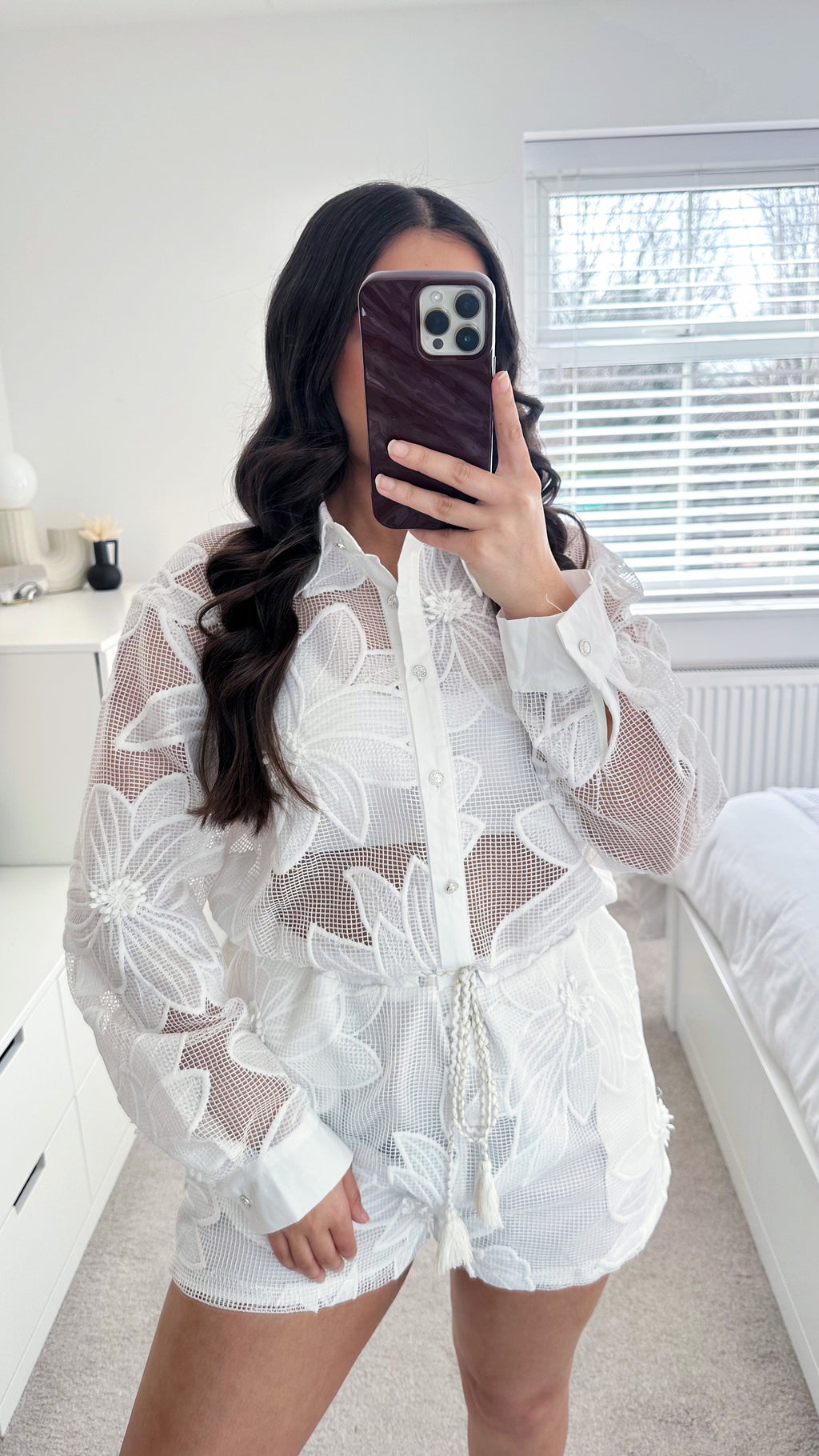 Floral Embroidered Mesh Playsuit - WHITE