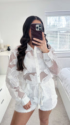 Floral Embroidered Mesh Playsuit - WHITE