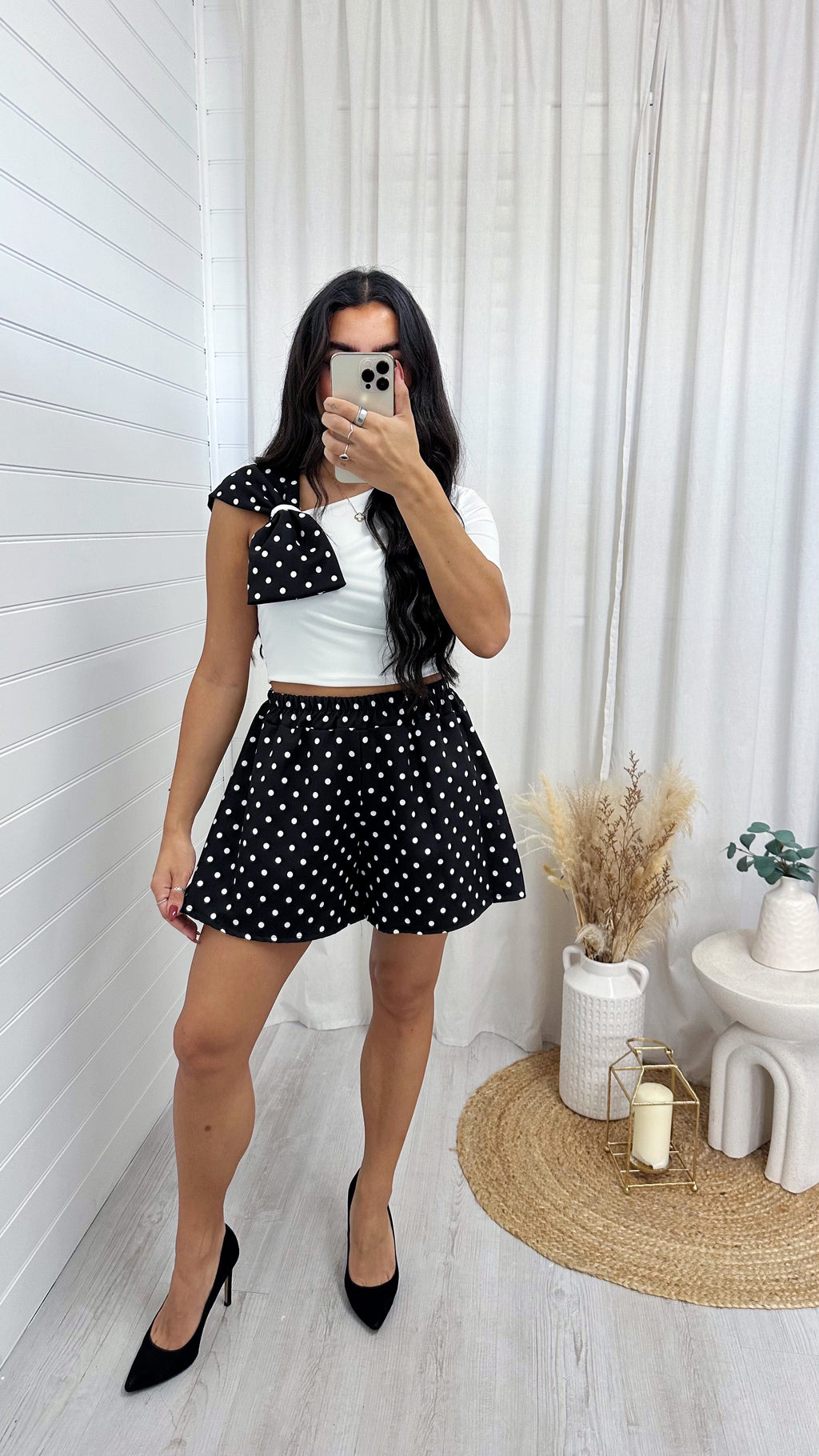 Bow Shoulder Polka Dot Top and Shorts Co-Ord - WHITE