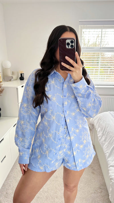 Embroidered Flower Pattern Shirt and Shorts Co-Ord - LIGHT BLUE