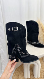 Silver Stud Fold Over Cowboy Boots - BLACK