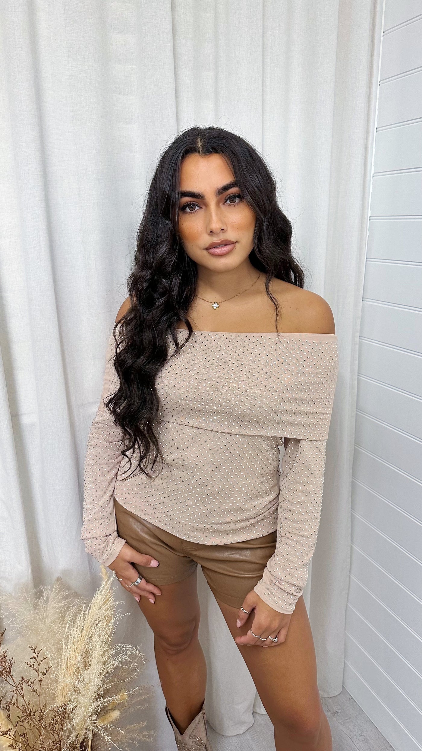 Folded Bardot Rhinestone Embellished Top - BEIGE