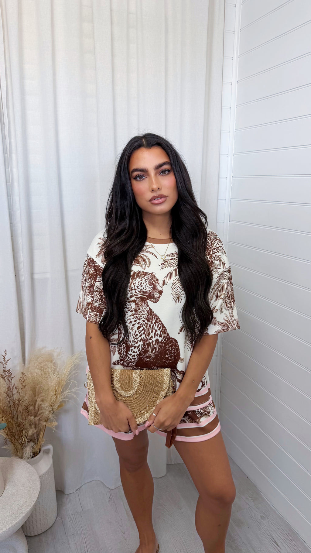 Cheetah Print T-Shirt and Shorts Co-Ord - BROWN