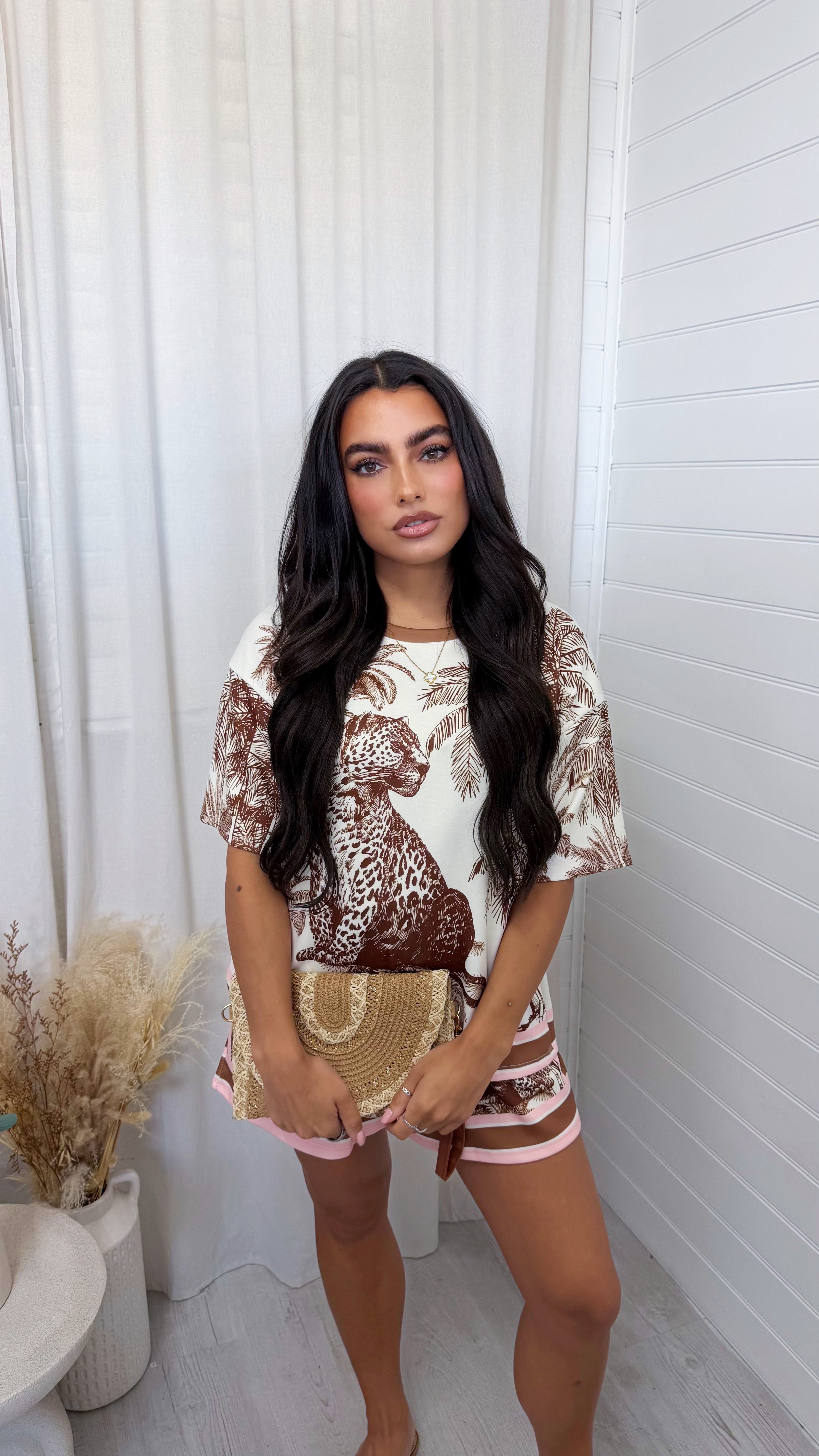 Cheetah Print T-Shirt and Shorts Co-Ord - BROWN