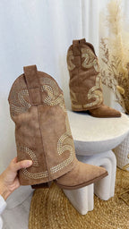Fold Over Stud Cowboy Boots - TAN
