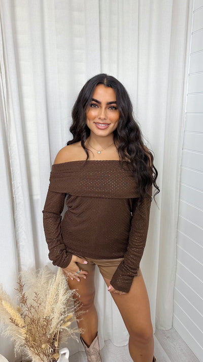 Folded Bardot Rhinestone Embellished Top - BROWN